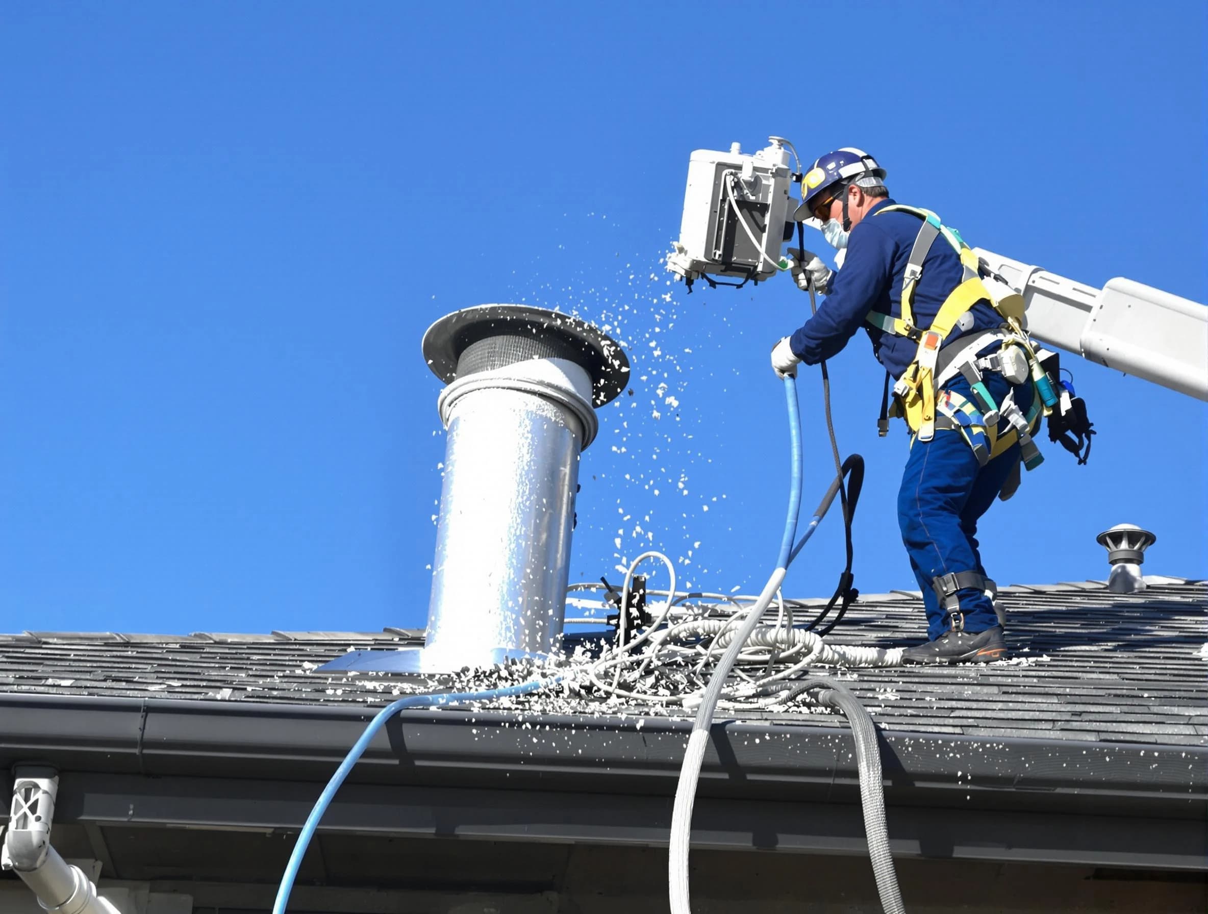 Tuscaloosa Dryer Vent Cleaning certified technician safely cleaning a roof-mounted dryer vent in Tuscaloosa