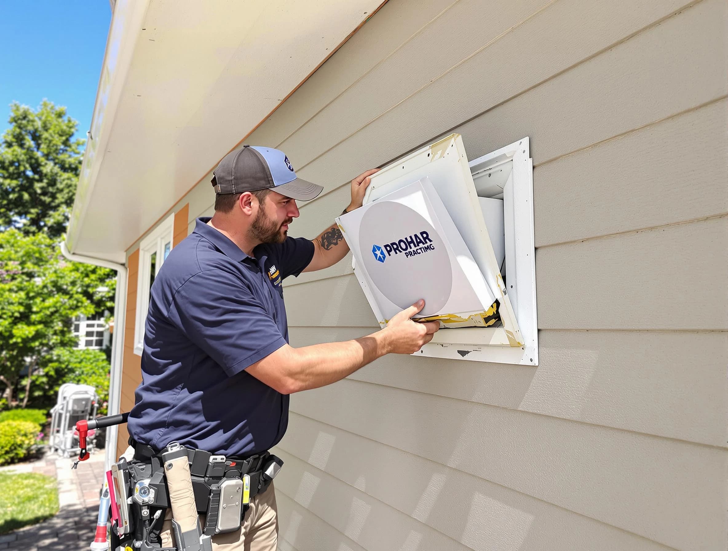 Tuscaloosa Dryer Vent Cleaning technician installing a new protective dryer vent cover on a home in Tuscaloosa