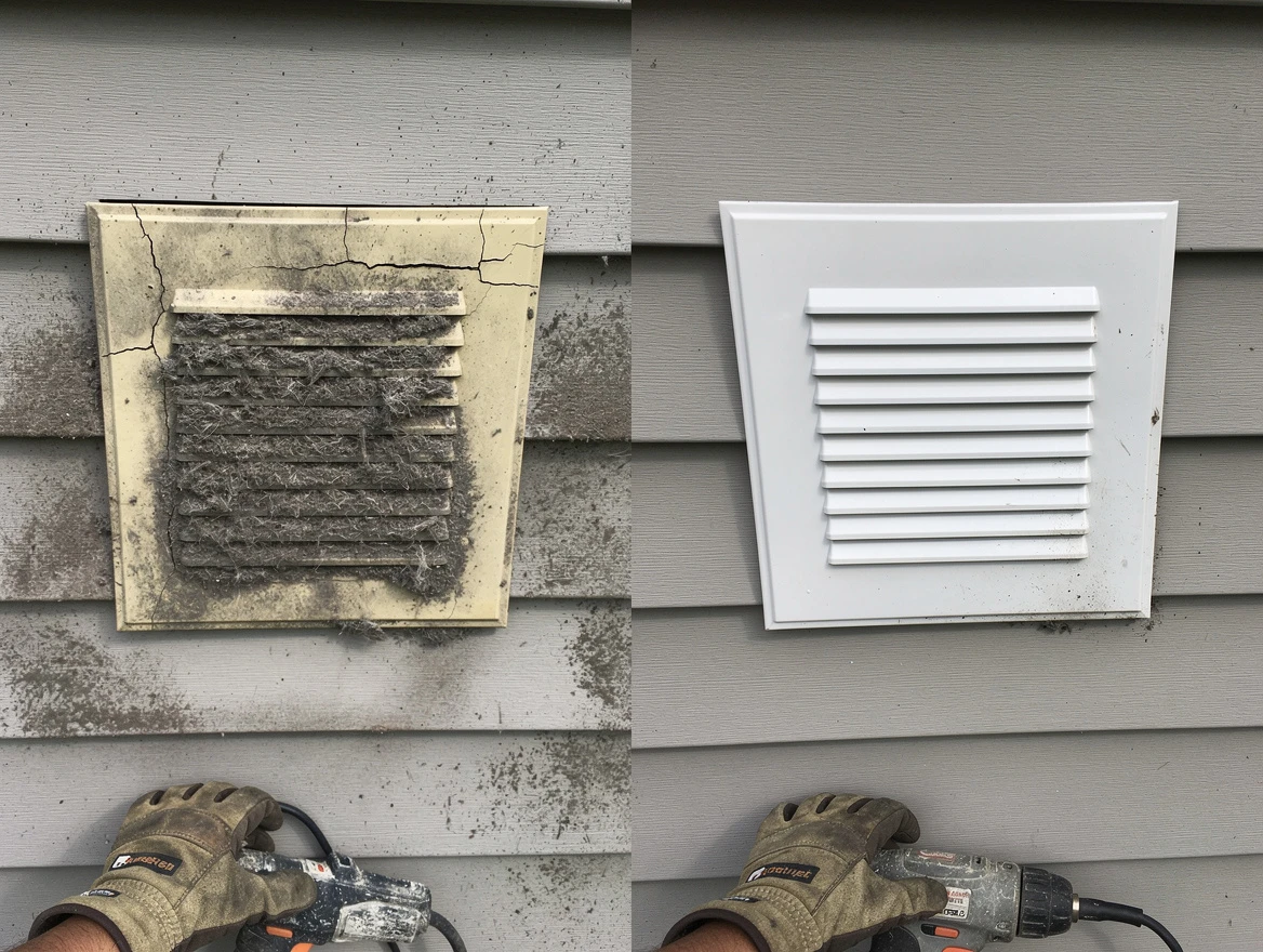 Tuscaloosa Dryer Vent Cleaning technician installing high-quality dryer vent cover at a residential property in Tuscaloosa